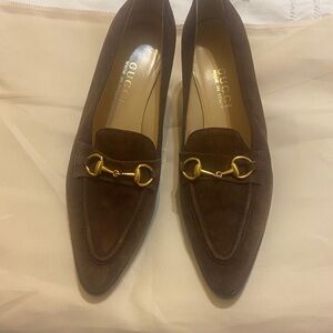 Gucci Women's Dark Brown Suede Loafers with Gold Accents